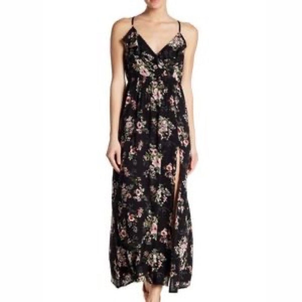 Angie Floral Maxi Dress with Slit, Size Large, Color Black